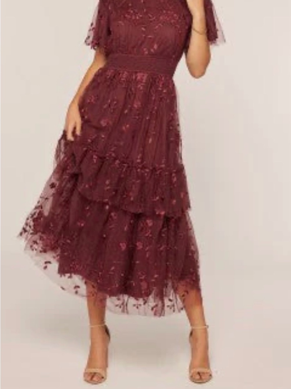 Embroidered Burgundy Tiered Tulle Dress